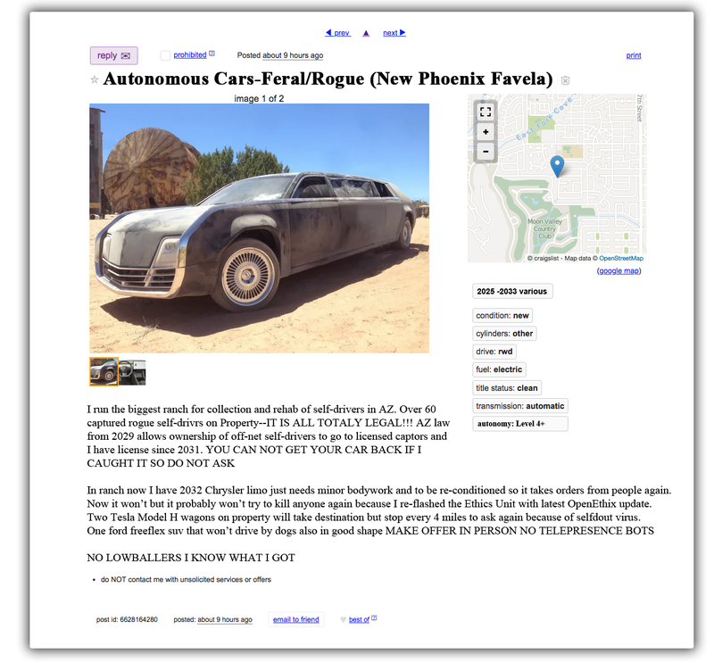 Illustration for article titled Craigslist Ads From The Future: Feral Autonomous Cars For Sale